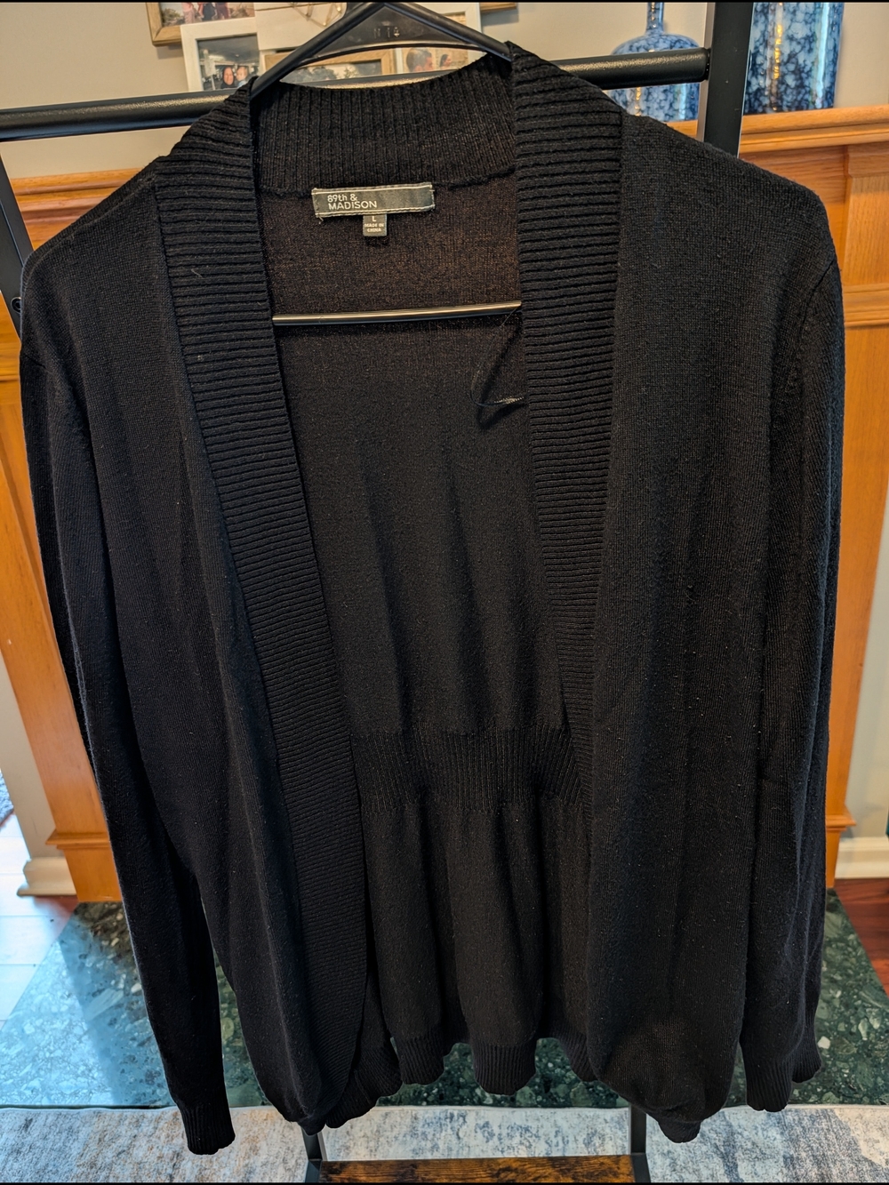 89th & Madison Black Open-Front Ribbed Trim Cardigan